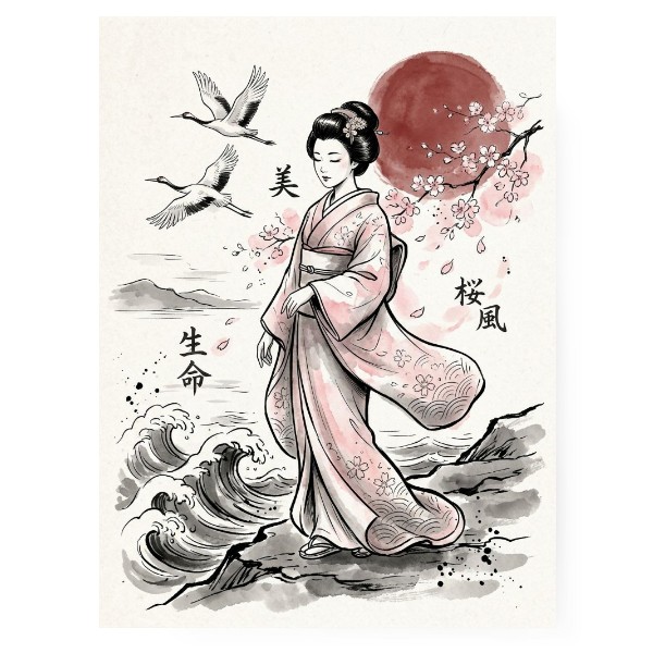 Fotoplátno 3:4 s potiskem Gejša pod sakurou - Japonské umění