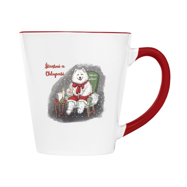 Hrnek kónický barevný s potiskem Šťastné a Chlupaté se samojedem 